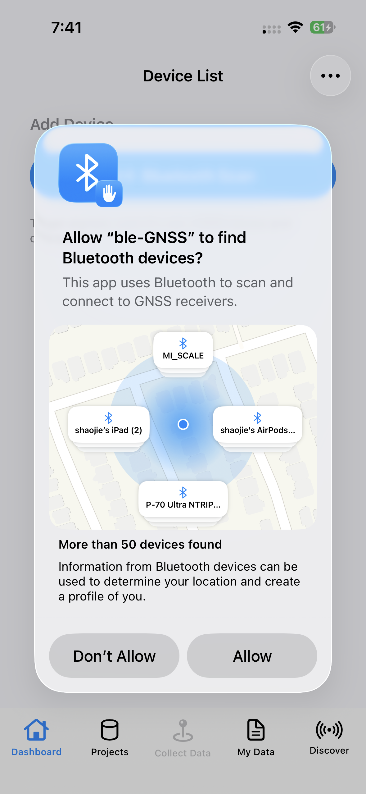 System Bluetooth permission dialog on first launch (if still reproducible)