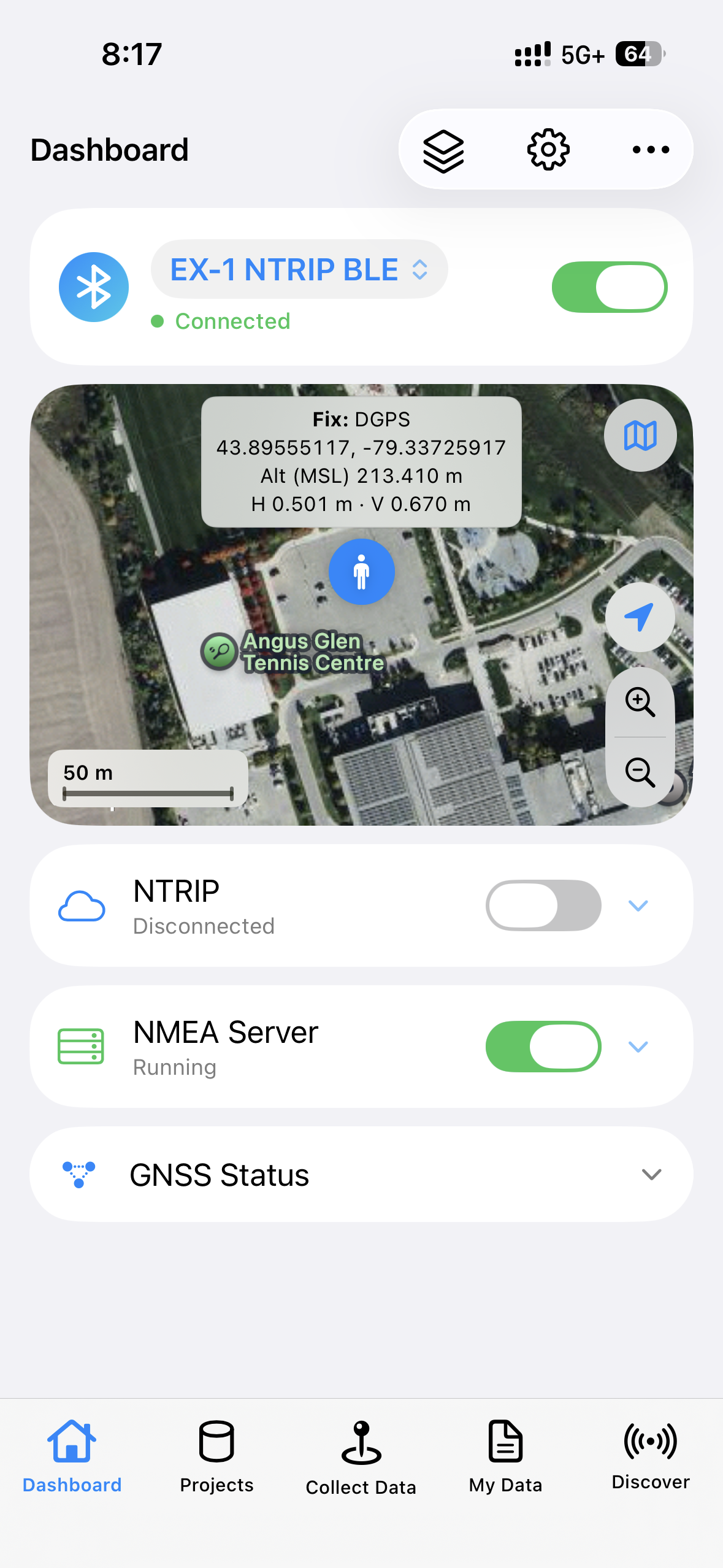 Rover Dashboard after a successful connection (live coordinates / Fix preferred)