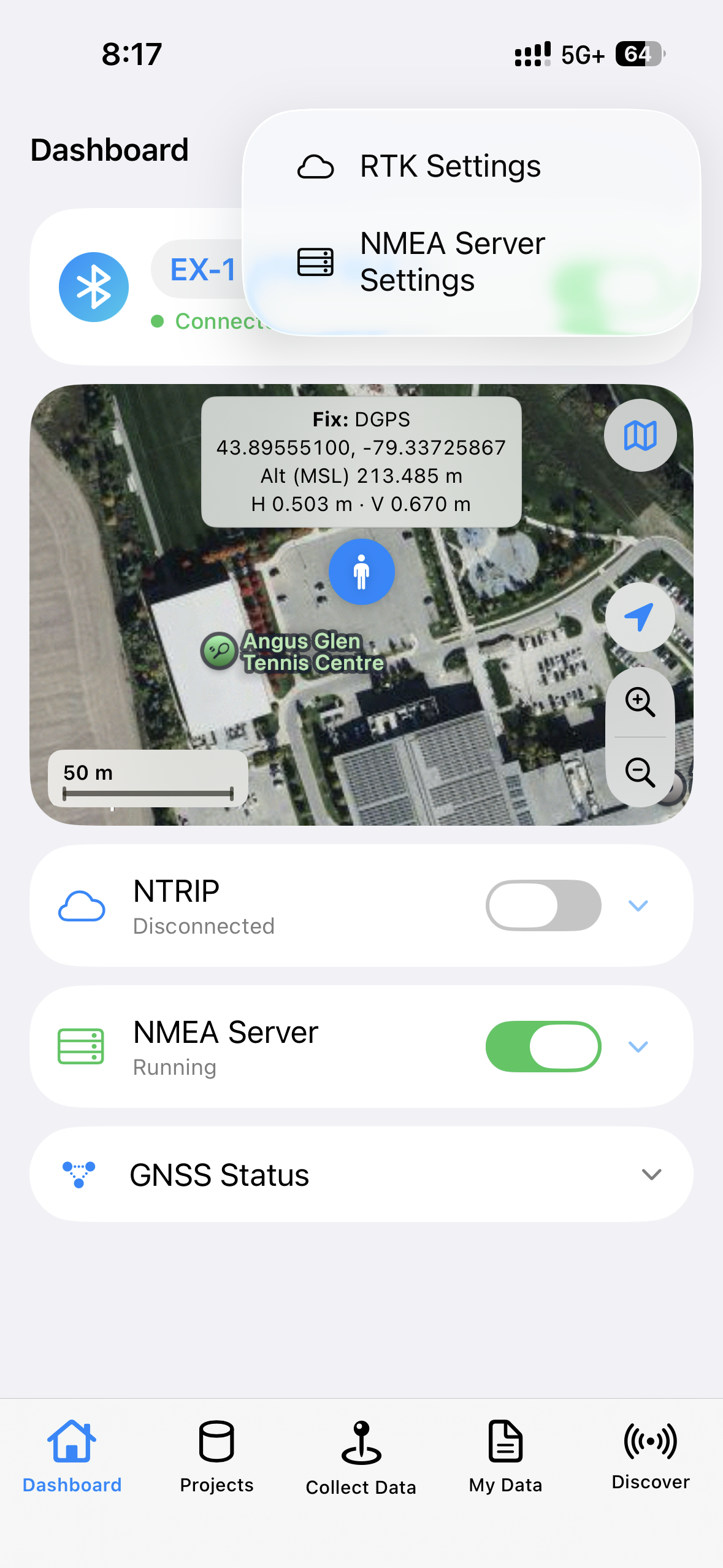 Device List … menu showing RTK Settings, NMEA Server Settings, Rename, Delete