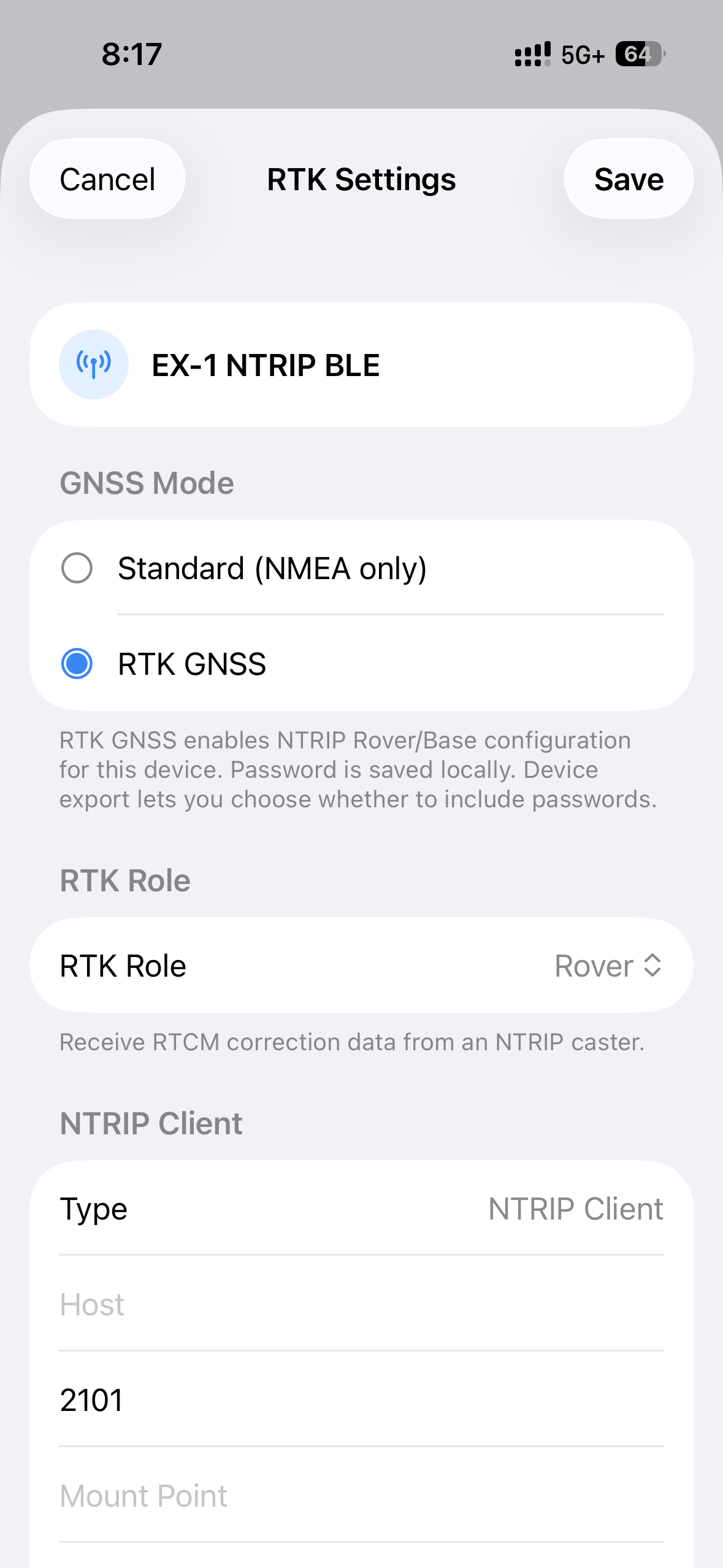GeoAstra BLE-GNSS RTK Rover settings