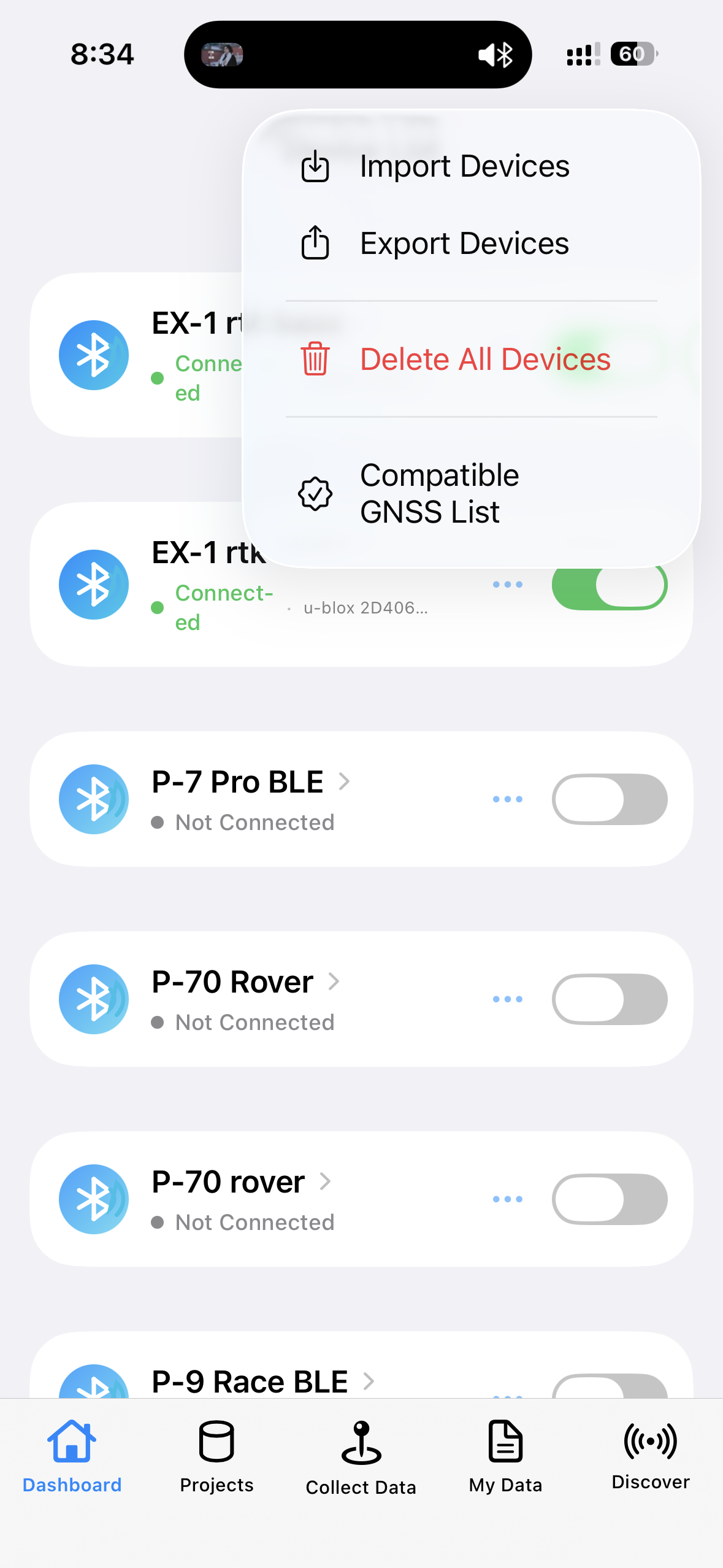 Device List … menu: Import / Export / Delete All