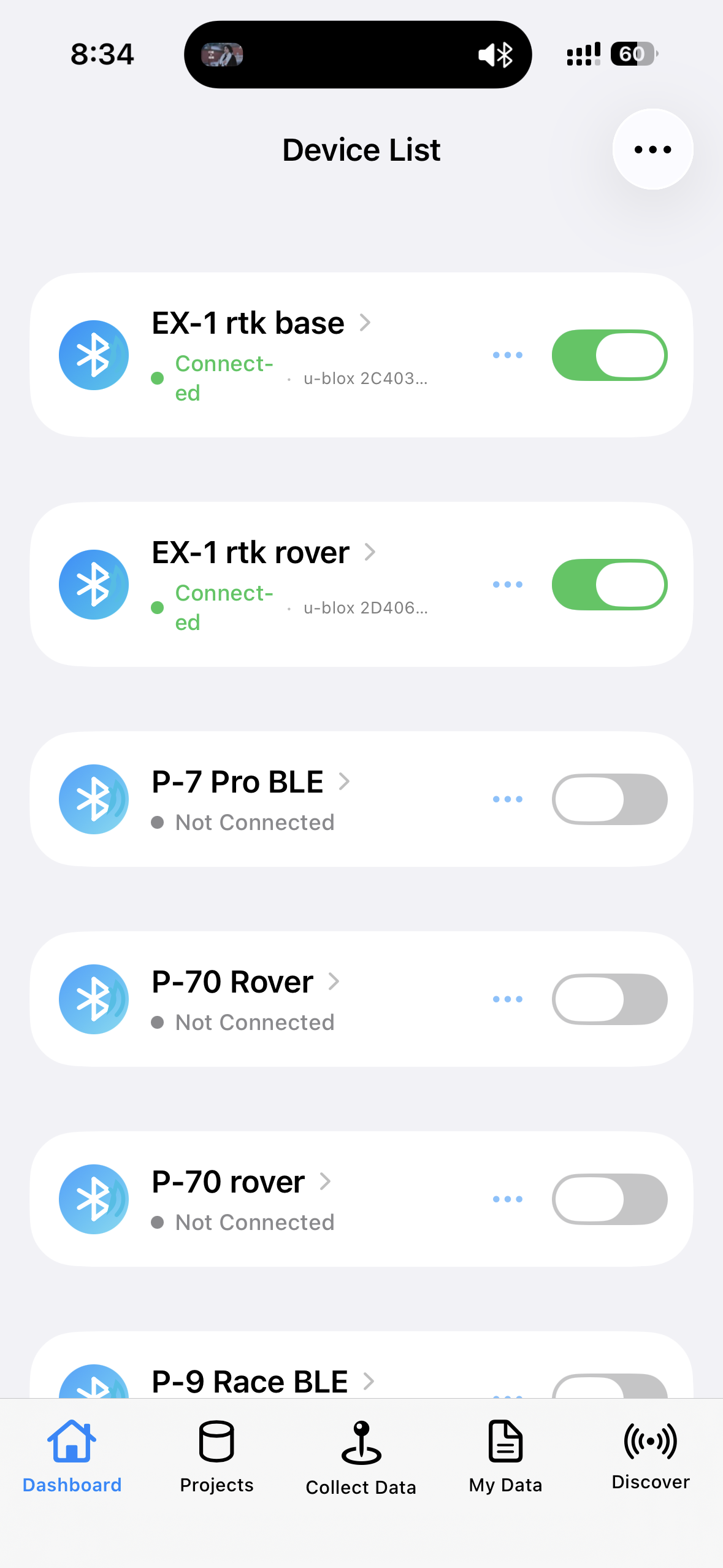 GeoAstra BLE-GNSS Device List with multiple configured GNSS receivers