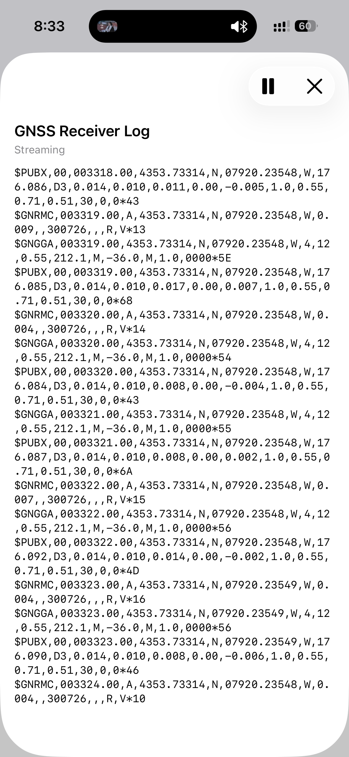 GNSS Receiver Log with scrolling NMEA lines