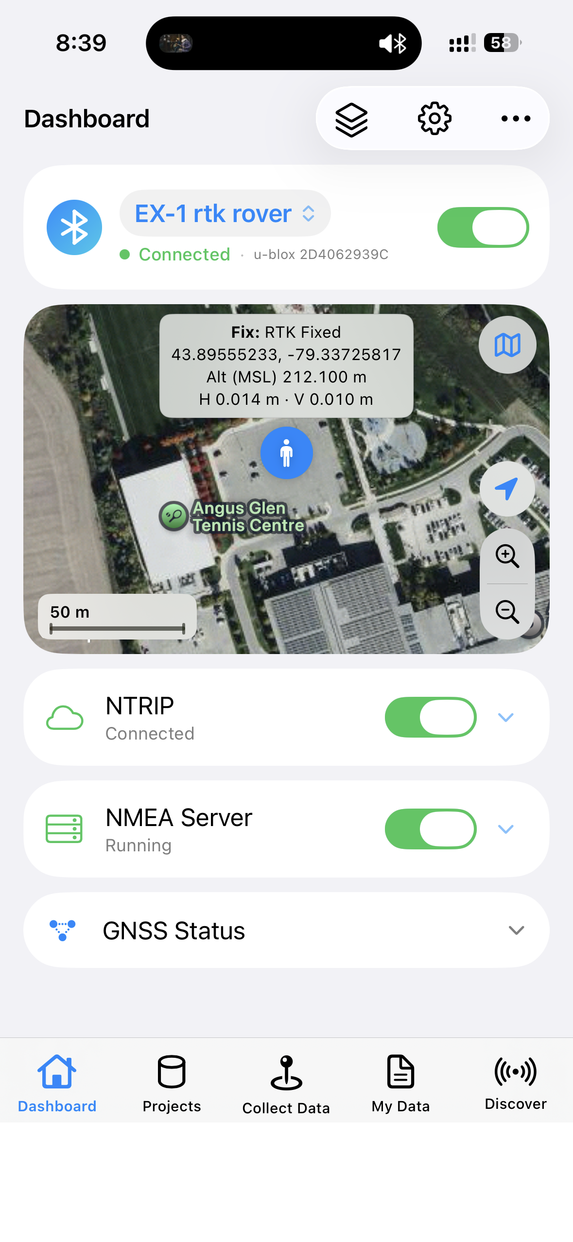 Rover Dashboard showing RTK Fixed with NTRIP connected
