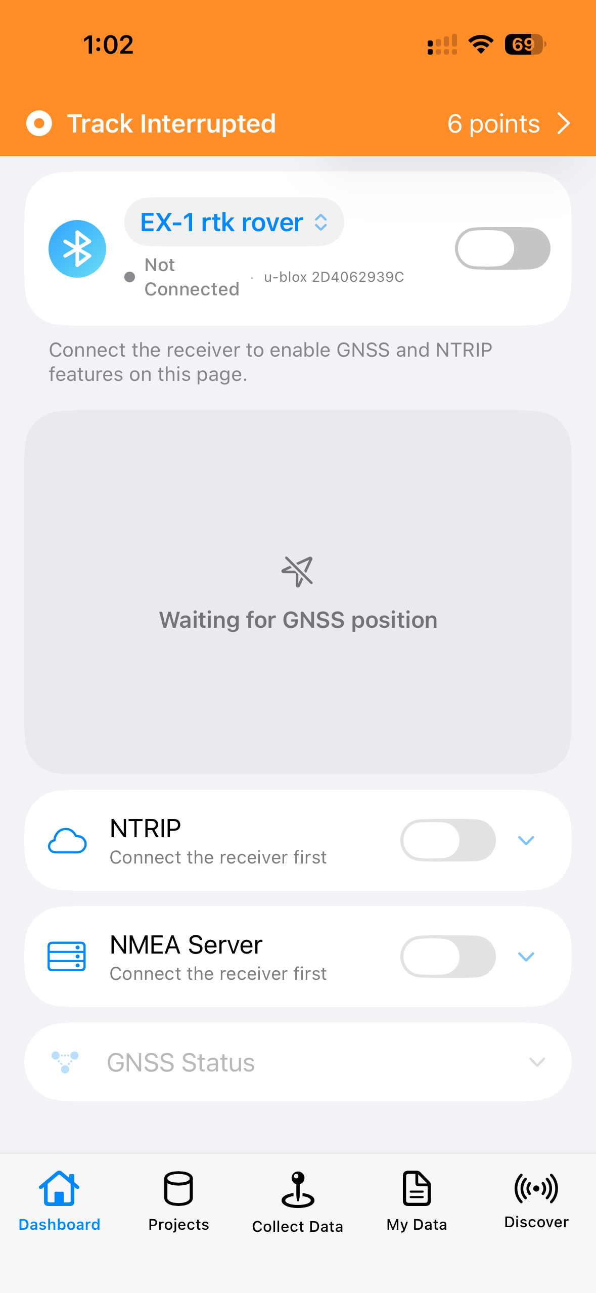 Orange Track Interrupted banner at top of the App