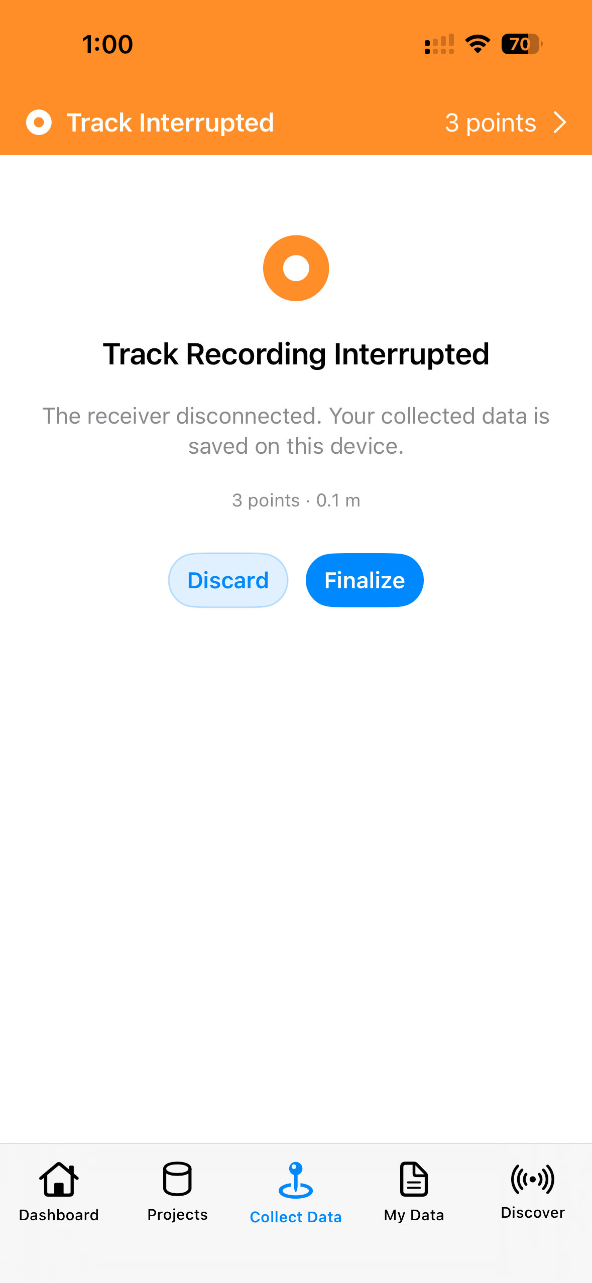 Interrupted collection recovery screen with Finalize and Discard