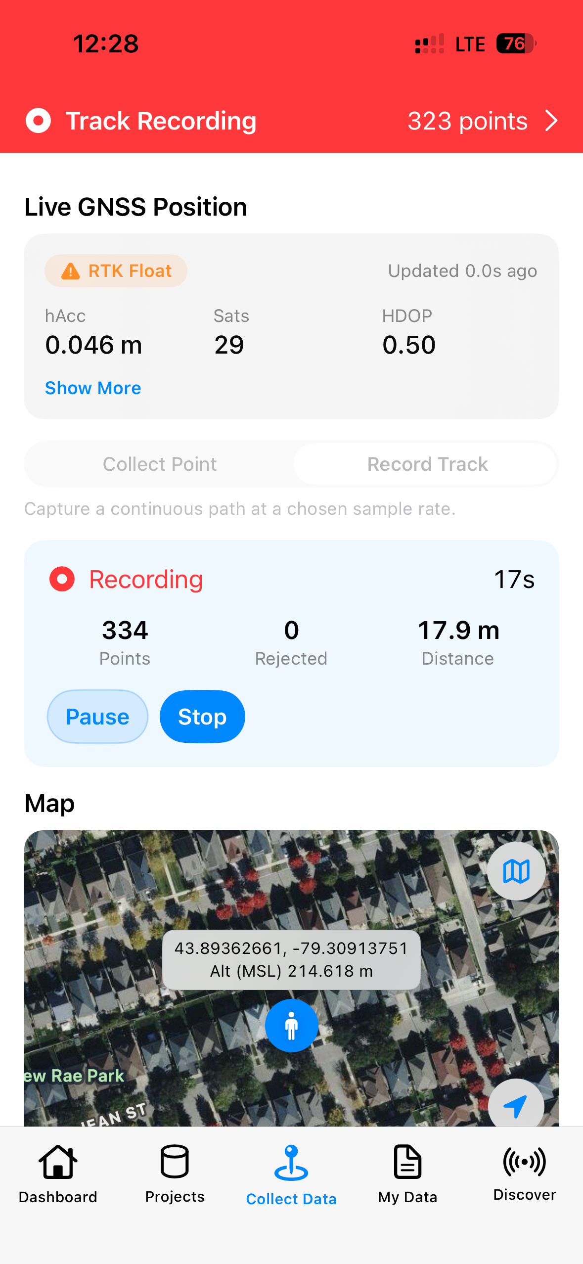 GeoAstra BLE-GNSS track recording screen