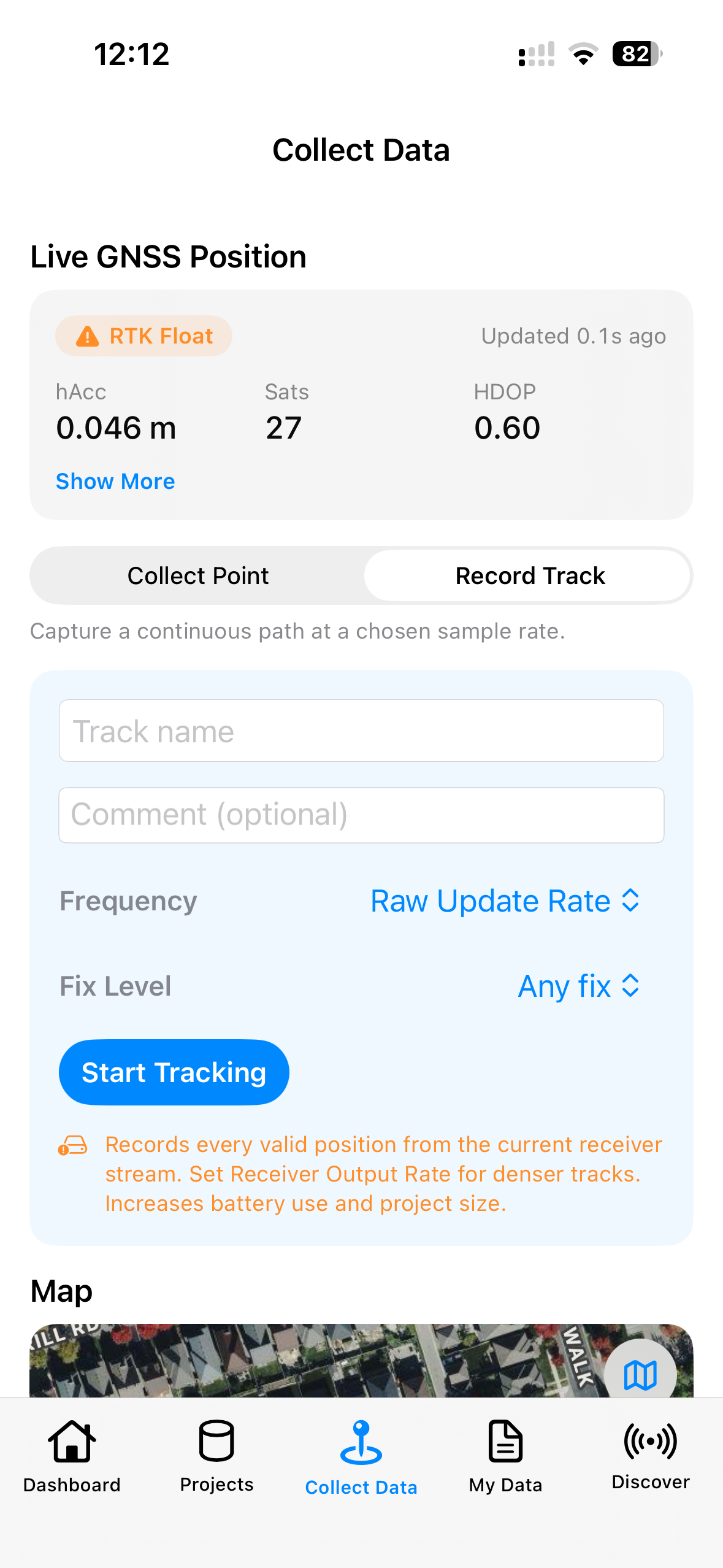 Record Track setup with Frequency = Raw Update Rate and orange note visible