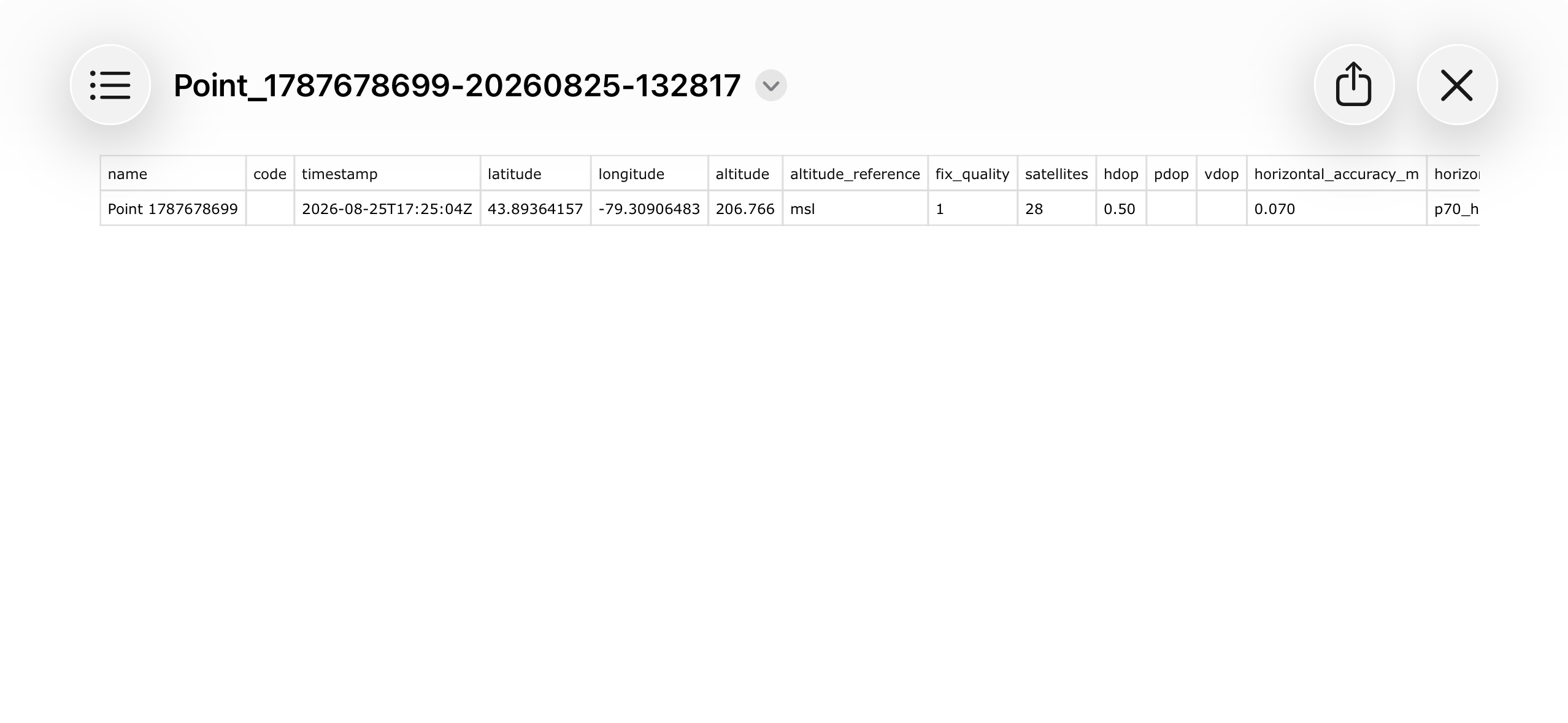 Exported CSV share preview with fixed-decimal coordinates and accuracy columns