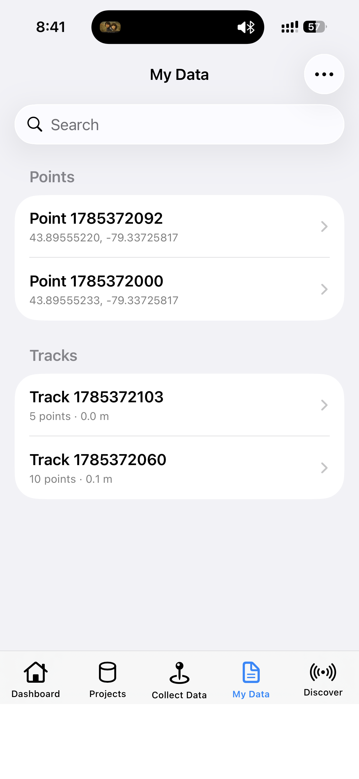 GeoAstra BLE-GNSS My Data screen with collected points and tracks