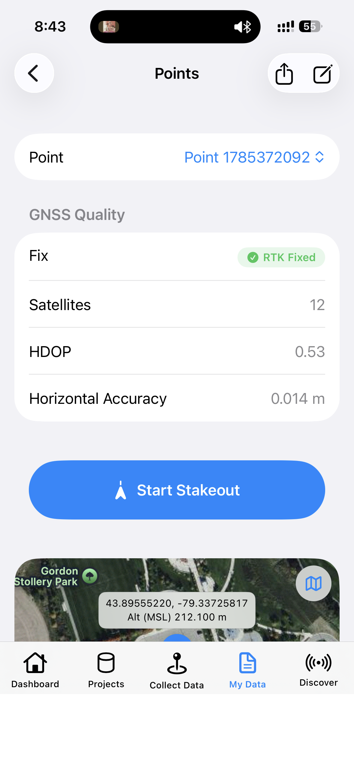 Points detail with GNSS Quality and Start Stakeout
