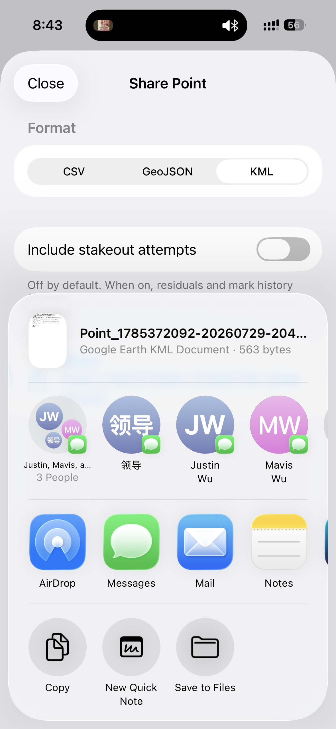 GeoAstra BLE-GNSS export through the iOS Share Sheet