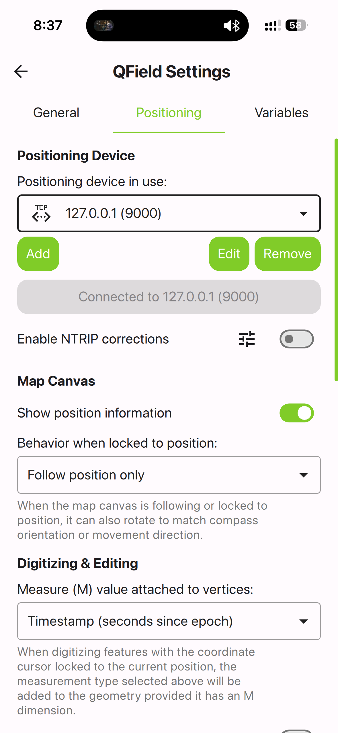 QField TCP settings 127.0.0.1:9000
